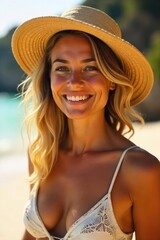 Sun-kissed skin glowing with a healthy, summery bronze  Perfect for promoting tanning products, summer beauty, or healthy outdoor lifestyles ,  attractive,  complexion