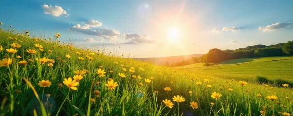 Sunbeams illuminate a vibrant landscape, highlighting lush green grass and bright wildflowers under a clear blue sky  Golden hour light creates a warm, inviting atmosphere ,  meadow,  light, sunbeams