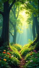 Sunlight dapples through the lush green canopy of a vibrant summer forest, illuminating a carpet of wildflowers and ferns A sense of tranquility and peace pervades the scene , golden, outdoors