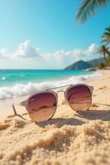 Stylish sunglasses resting on a vibrant summer beach scene, with sand, ocean, and bright sunlight  Perfect for travel, vacation, and summer fashion themes ,  elegant,  accessory