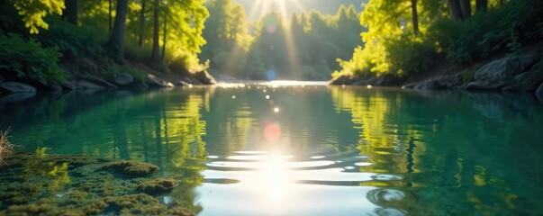Sunlight dappling the surface of a calm, clear lake, reflecting vibrant light and shadows Perfect for nature, serenity, and tranquility themes , spring, clear
