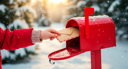 A child's hand places a letter into a red mailbox in a snowy winter landscape during Christmas.