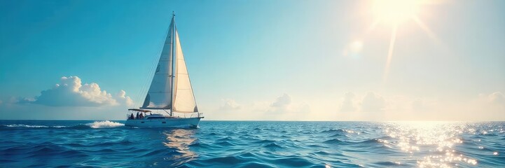 Sunlight glints off the sails of a sailboat gliding across a calm, azure sea  The vessel cuts through the water, leaving a gentle wake  A picturesque summer day on the open ocean , sea, sailing boat