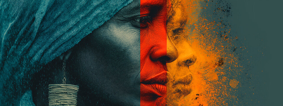 Mixed media artwork of Mandinka mother and child intertwined, forming Africa. One half monochrome, the other colorful. Mystical tribal elements