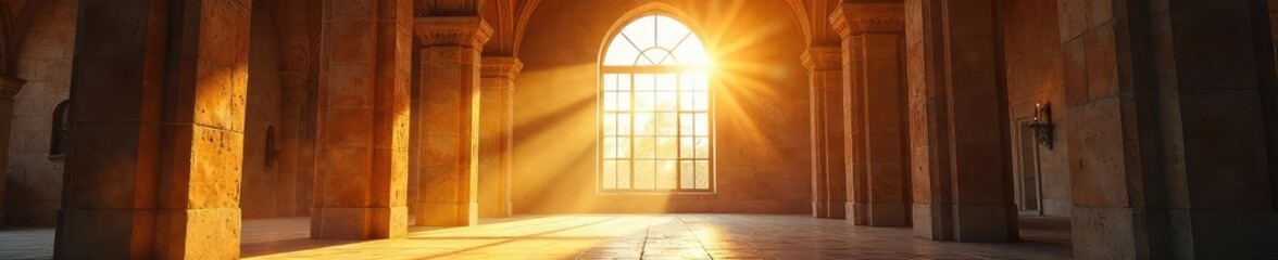 Sunlight streams through a large, arched window illuminating dust motes dancing in the air within a spacious, bright interior room The window frame is a beautiful detail , gleam, shine