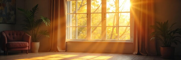 Sunlight streams through a large window, illuminating dust motes dancing in the golden light The scene is peaceful and serene, perfect for a calming atmosphere , background, peaceful, airy