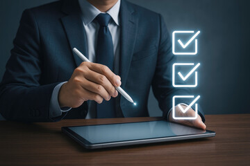 Man in suit with tie using stylus on tablet displaying digital checklist with checkmarks 