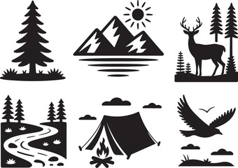 Obraz premium Explore nature with camping, mountains, deer, and eagle
