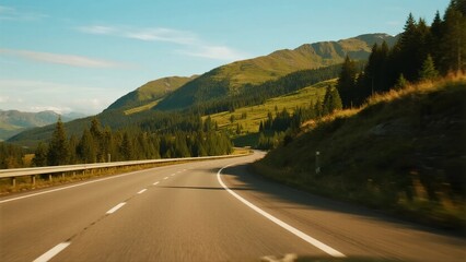 Naklejka premium Scenic highway with lush green mountains and clear sky