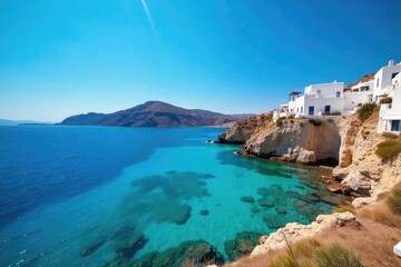 Obraz premium Sun-Drenched Aegean Sea Turquoise Waters Lap Whitewashed Cliffs in Idyllic Greek Islands. Perfect for travel brochures, tourism websites, and luxury vacation imagery.