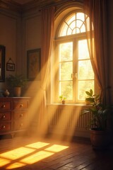 Sunlight streams through a large window, illuminating dust motes dancing in the golden light  A soft, hazy glow bathes the interior, creating a warm and inviting atmosphere ,  glow,  relaxing,  dust