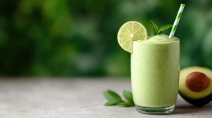A creamy avocado smoothie adorned with a slice of lemon and a cheerful straw presents itself beautifully against a lush green backdrop, representing freshness and health.