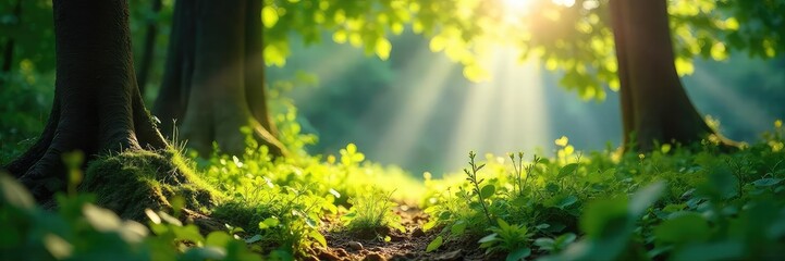 Sunlight streams through leaves onto a forest floor, dappled light and shadows creating a vibrant, natural scene  Perfect for nature, environmental, or wellness projects ,  summer,  mushroom