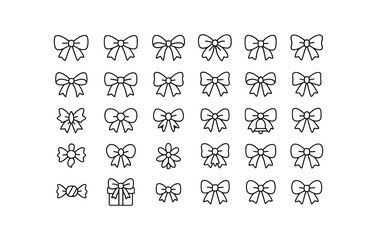 vector outline icons Bows (Types) classic bow ribbon bow lace bow satin bow velvet bow organza bow wired bow fabric bow paper bow felt bow yarn bow tulle bow star bow heart bow snow bow.