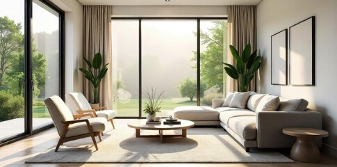 Sunlit living room with modern furniture, large windows offering natural light, and stylish decor  Neutral color palette creates a serene atmosphere perfect for relaxation ,  apartment,  floor