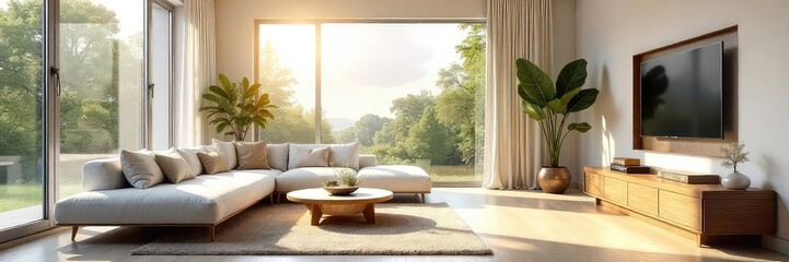 Sunlit interior of a modern living room, featuring large windows and minimalist furniture Neutral color palette creates a calm and spacious atmosphere , furniture, home decor, style