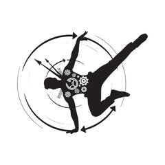 Dynamic silhouette breakdancer captured in motion with circular gears and arrows representing time