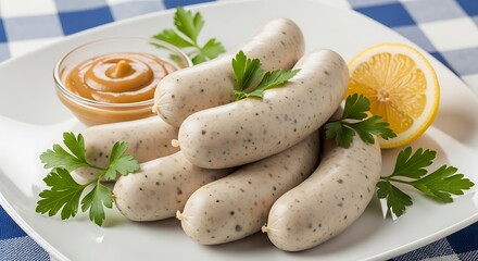 Delicious German White Sausages with Mustard and Lemon.