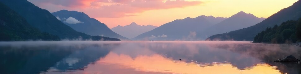 Tranquil lake reflecting a serene mountain range at sunrise, mist gently rising Perfect for relaxation and nature themes , nature, beauty