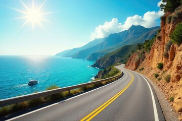 Fototapeta premium Sun-drenched coastal highway, winding road leads to a vibrant summer destination Perfect for travel, vacation, and getaway themes Evokes feelings of freedom and adventure , adventure, beach