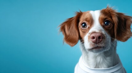 A close-up portrait of an inquisitive dog against a bright blue backdrop, capturing its personality and charm while evoking warmth and joy in pet photography.