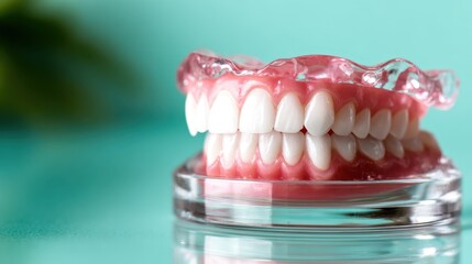 A detailed dental plate sits on a vibrant turquoise background, demonstrating dental care and hygiene, essential for enhancing smiles that embody health and confidence.