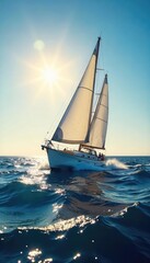 Triumphant sailboat gliding across a vast, sun-drenched ocean, waves gently lapping its hull A scene of peaceful victory and serene maritime beauty , beautiful, amazing
