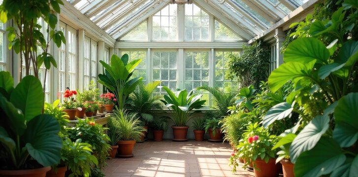Sun-drenched conservatory brimming with lush, thriving plants Ideal for gardening, home improvement, and lifestyle imagery Shows off vibrant foliage and natural light , interior, sun, thriving