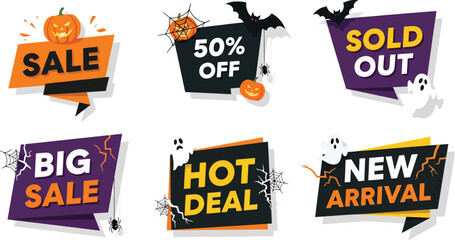 Collection of six Halloween-themed sale and promotional graphic banners featuring pumpkins, bats, ghosts, and text indicating discounts, sold out status, big...