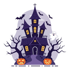 Haunted house vector illustration: A friendly ghost, flying bats, crooked roof, glowing windows, and gnarled trees at night, stylized 2D flat design on white.