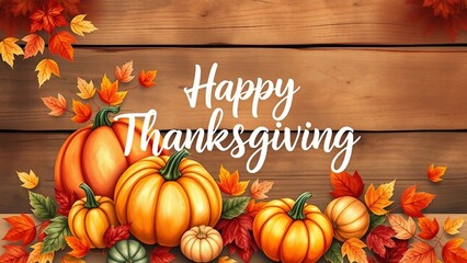 Happy Thanksgiving text with pumpkin and autumn leaves on rustic wooden background, festive design.