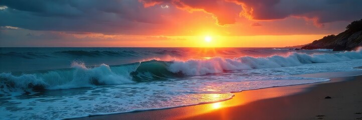 Vast, deep blue ocean waves crashing on a sandy shore at sunset The sun casts a golden glow on the water, creating a dramatic and serene scene , coastal landscape, coastline