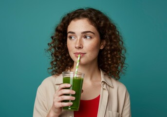 Beautiful young woman with curly hair drinking a healthy green smoothie from a glass.