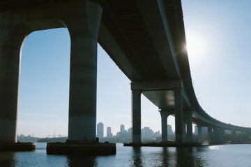 Elevated bridge spanning over a body of water with city skyline in the background