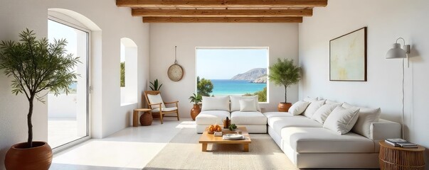 Sun-drenched whitewashed walls, exposed beams, and terracotta pots define this idyllic Greek island interior A simple elegance permeates the space, hinting at relaxed seaside living , style, room