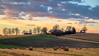 Obraz premium Rural Landscape at Sunset - Golden Fields and Farmhouse Silhouette.