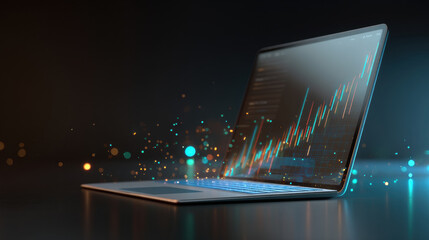 Minimalist visual of a laptop emitting digital graphs and glowing data points, evoking high-speed analytics. 3D Illustration.