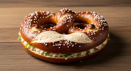 Delicious pretzel sandwich on a wooden table.