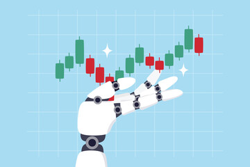 Robot trade high frequency trading in stock market, crypto or forex, algorithm trade, AI artificial intelligence, buy sell transaction, robot hand holding investment candle stick graph as trader.
