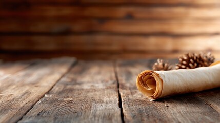 A rustic vintage scroll rests on a weathered wooden table, beautifully illuminated by natural light, creating a warm and inviting atmosphere, perfect for storytelling.