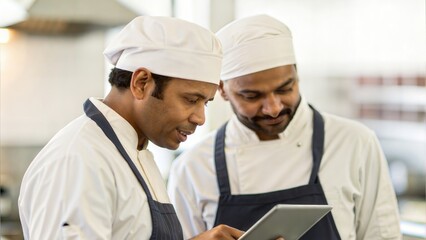 Two Indian restaurant workers collaborating over touchscreen tablet — managing orders efficiently