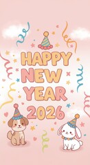 A celebratory new year's greeting featuring adorable cartoon dogs and a rabbit, adorned with party hats, set against a pastel pink backdrop with festive confetti and streamers.