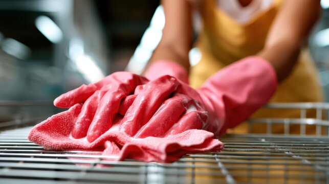 A close-up view of hands wearing pink gloves scrubbing with a soapy cloth, illustrating the importance of cleanliness and diligence in maintaining a hygienic environment.