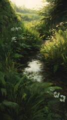 Fototapeta premium Lush Riverbank with Ferns and Flowers Vertical Illustration