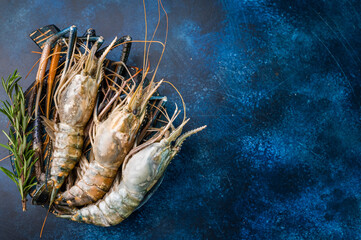 Uncooked rosenbergii fresh water shrimp ready for preparation, perfect for chefs looking to create...