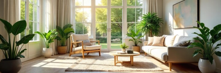 Sunlight streams into a bright, airy room filled with lush plants, stylish furniture, and tasteful decor, creating a serene and beautiful atmosphere , stylish, aesthetic, aspirational