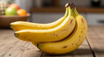 Bunch of Ripe Bananas on Wooden Table.