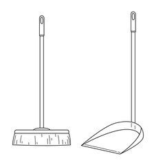 Broom and dustpan. Doodle vector illustration isolated on white background