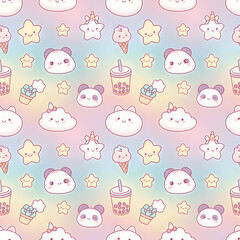 Obraz premium Kawaii Pastel Pattern with Panda, Star, Cloud, and Drinks on Rainbow Background