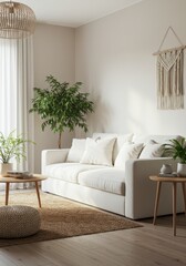 Modern living room interior design with large window, a cozy couch, and green plants. Minimalist decor for comfortable home space with clean and clear daylight room.	
